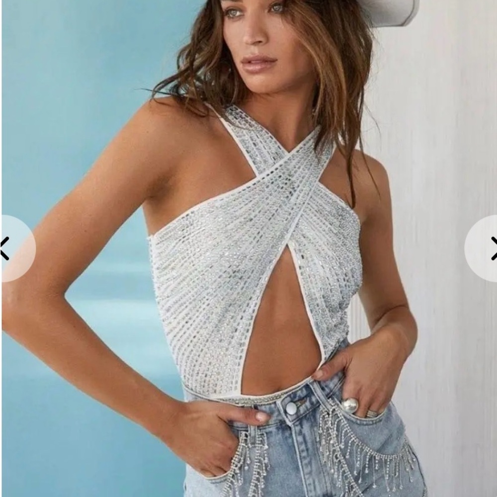 12th Tribe White Sequin Cut Out Bodysuit